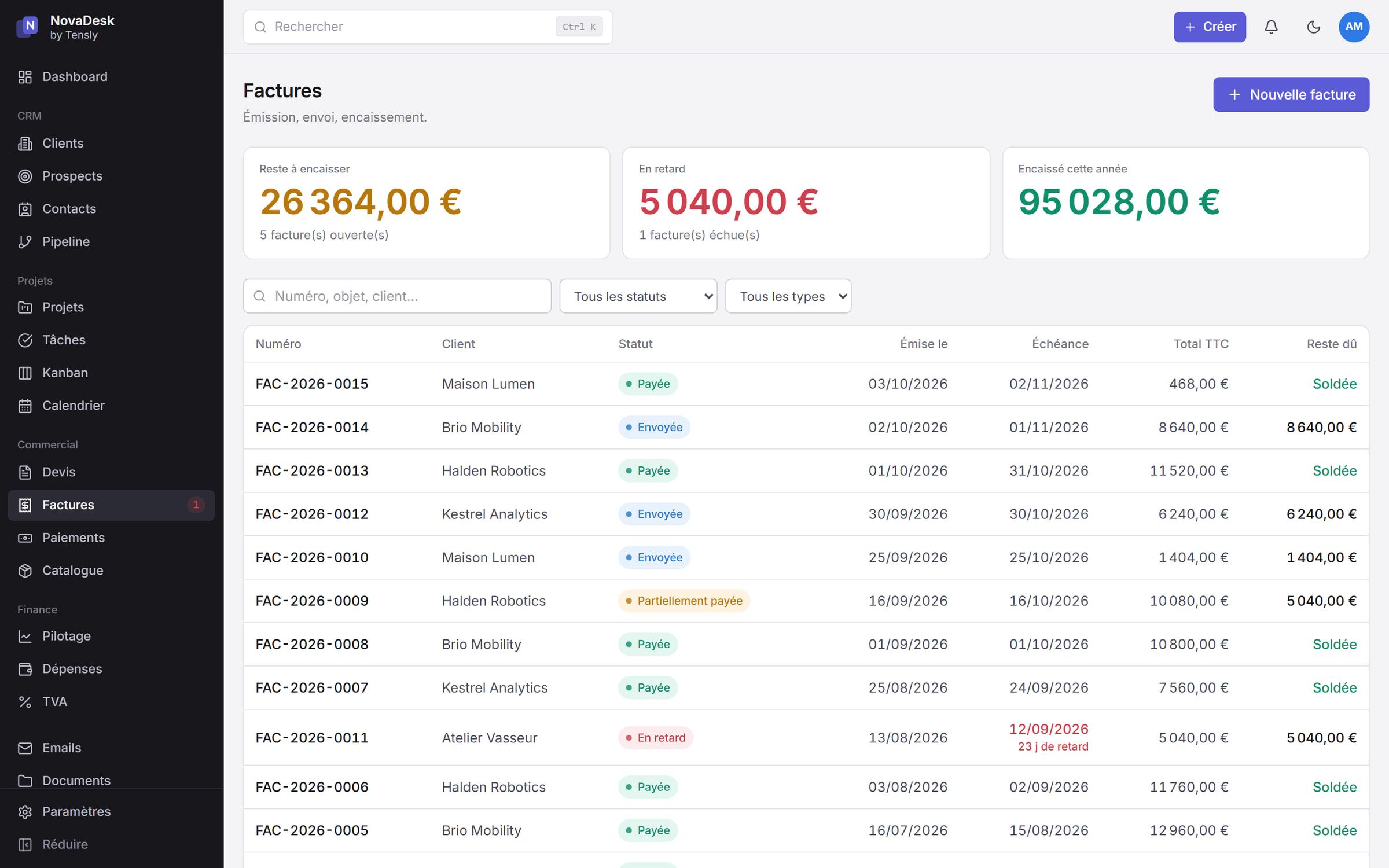 NovaDesk list of invoices with their status