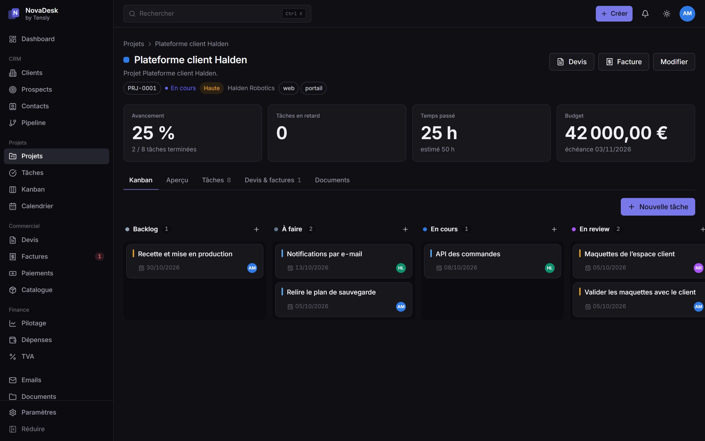 NovaDesk project board in dark mode