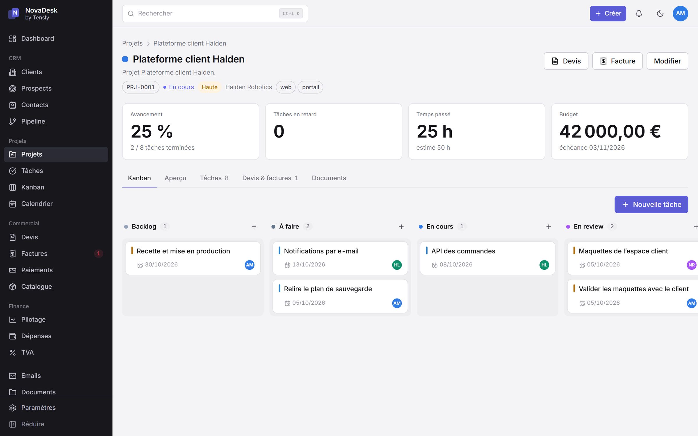 NovaDesk project board with tasks spread across columns