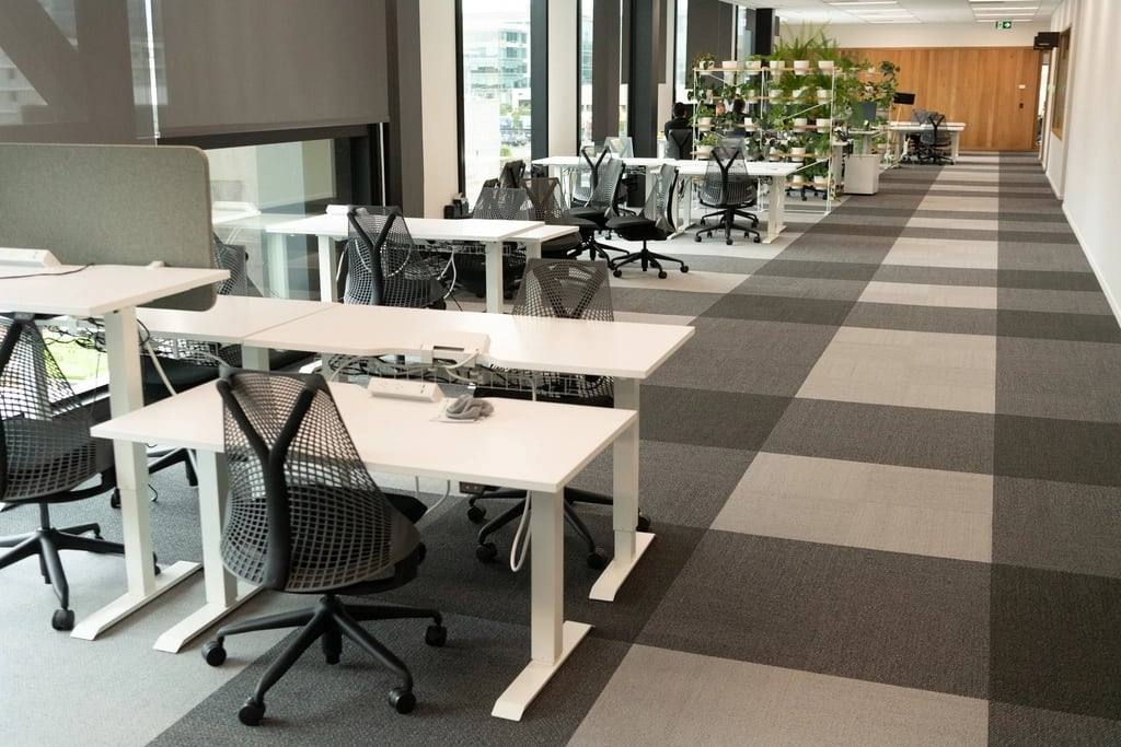 Rows of desks and mesh chairs in a bright open-plan office